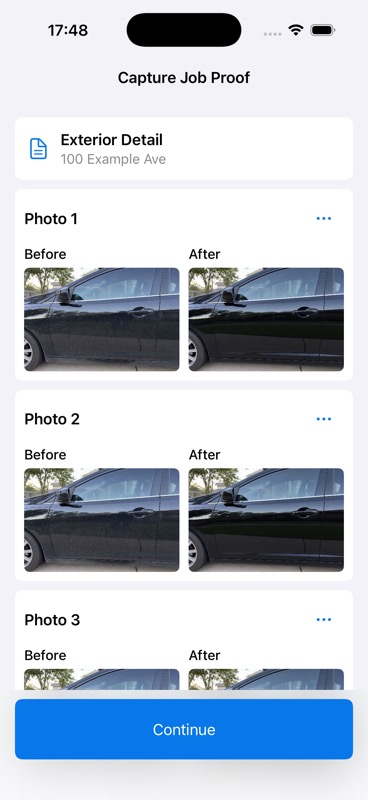 ServiceProof evidence capture screen with multiple before and after photo pairs
