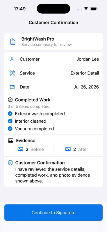 ServiceProof customer confirmation screen showing before and after photo totals
