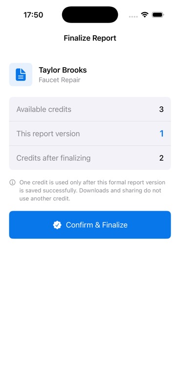 ServiceProof finalization screen with a report credit summary