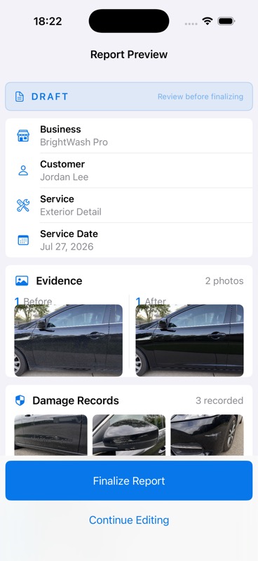 ServiceProof report preview showing job details