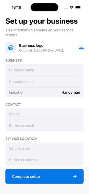 ServiceProof business setup screen