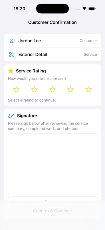ServiceProof customer confirmation screen with rating and signature fields