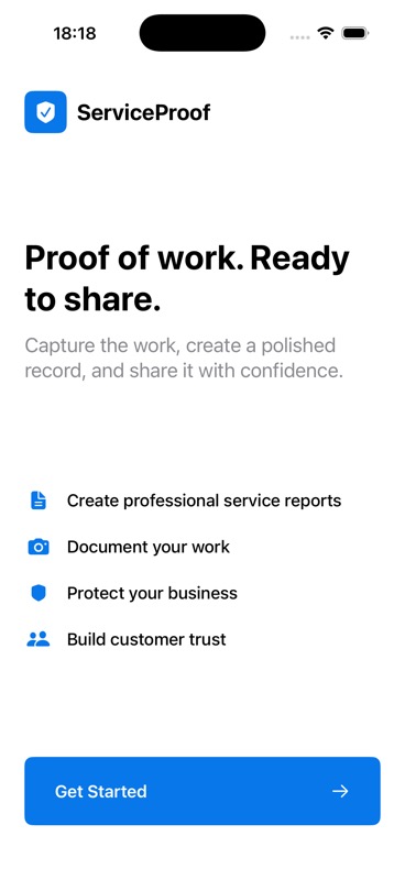 ServiceProof welcome screen on iPhone
