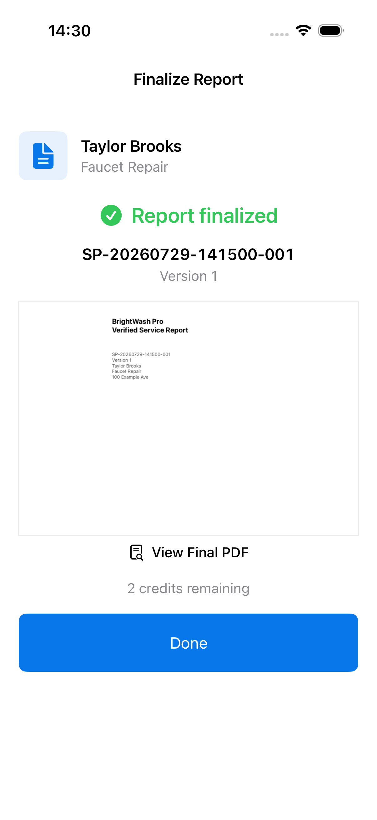 ServiceProof finalized report screen with final PDF option